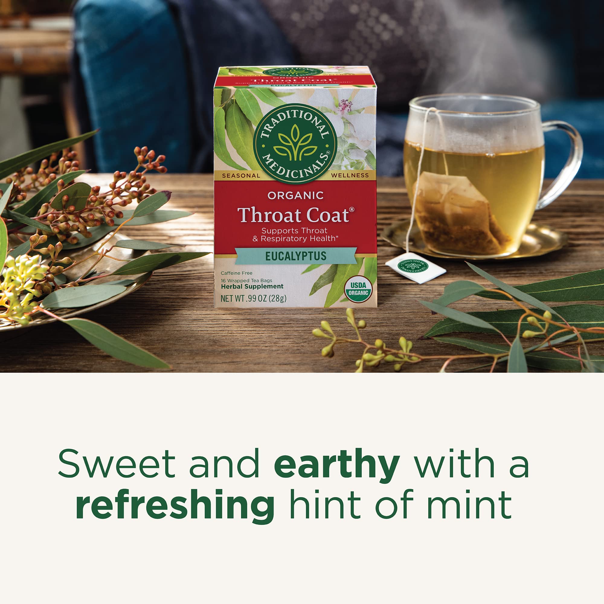 Traditional Medicinals Organic, Throat Coat Tea, Eucalyptus & Slippery Elm - Supports Respiratory and Throat Health - Kosher, Non-GMO, Caffeine-Free, Compostable - 16 Tea Bags - Image 3